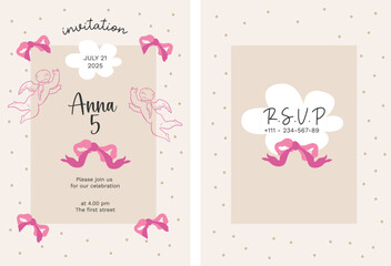 Baby invitation card for birthday party with coquette ribbon bows and angels hand drawn illustration. Flirtatous Vector girly invitation design template.
