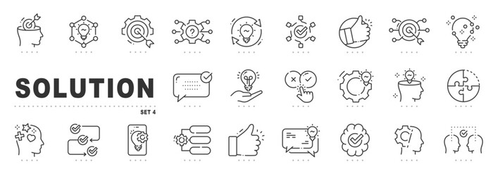 Set of solution related line icons. Problem solving, puzzle, decision etc. Editable stroke. Set 4