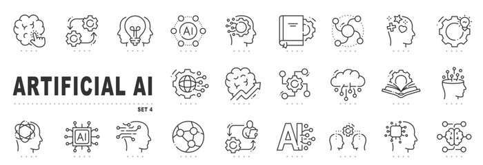 Set of AI related line icons. Artificial, tech, intelligence; brain; mind etc. Editable stroke. Set 4