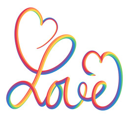 Text LOVE with 2 Hearts Handwritten in Rainbow Coloured Inflated Stroke Calligraphy