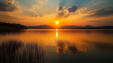 Obraz premium Serene sunset landscape over calm lake water golden hour peaceful nature.
