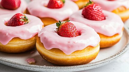 Sweet donuts topped with pink strawberry icing and fresh strawberries, perfect for dessert lovers and a delightful treat for any occasion.