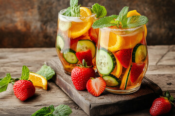 Traditional Pimms cocktail with lemonade, strawberries, cucumber, orange and mint 