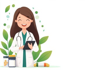 Cheerful and Confident Young Woman in Medical Scrubs Holding Digital Tablet with Green Leaf   Healthcare Professional Doctor or Nurse Concept