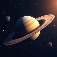 Naklejka premium A stunning close-up image of Saturn showcasing its rings and moons in the vast universe, rings, moons