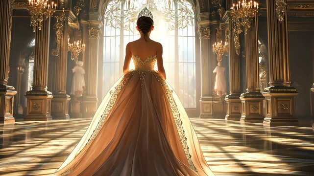 Back view of a princess wearing an elegant crown walking gracefully through a grand palace hall	