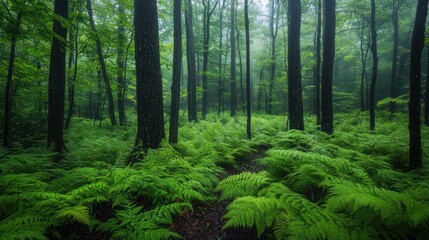 Obraz premium Beautiful view of shady green forest trees in the middle of the forest, perfect for a nature theme