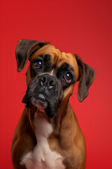 Obraz premium Boxer dog on minimalistic colorful background with Copy Space. Perfect for banners, veterinary ads, pet food promotions, and minimalist designs.