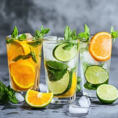 Fototapeta premium Refreshing Citrus Mint Drinks with Ice in Glassware