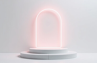 A Minimalist Design Featuring An Empty Concrete Podium Illuminated By A Bright Neon Light Against A Pure White Backdrop In A 3d Rendered Image.