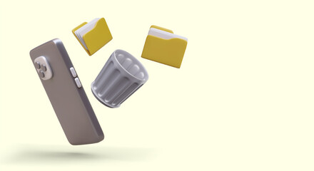 Concept of phone memory cleaning application. Realistic smartphone, folders with documents, metal trash can. Deleting unnecessary data. Software advertising