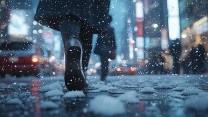 Fototapeta premium 雪が積もった歩道を歩く街の人々
