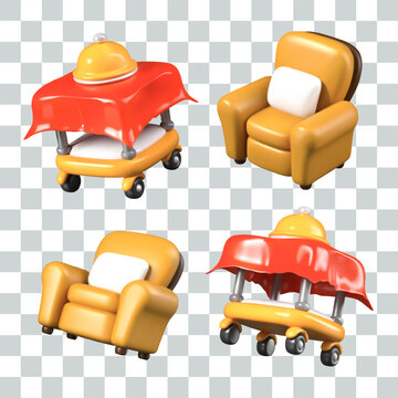 Set of elements for advertising hotel services. Full fledged rest, delicious fresh food. Professional service for guest, comfortable furniture. Soft 3D chair, serving wheeled table