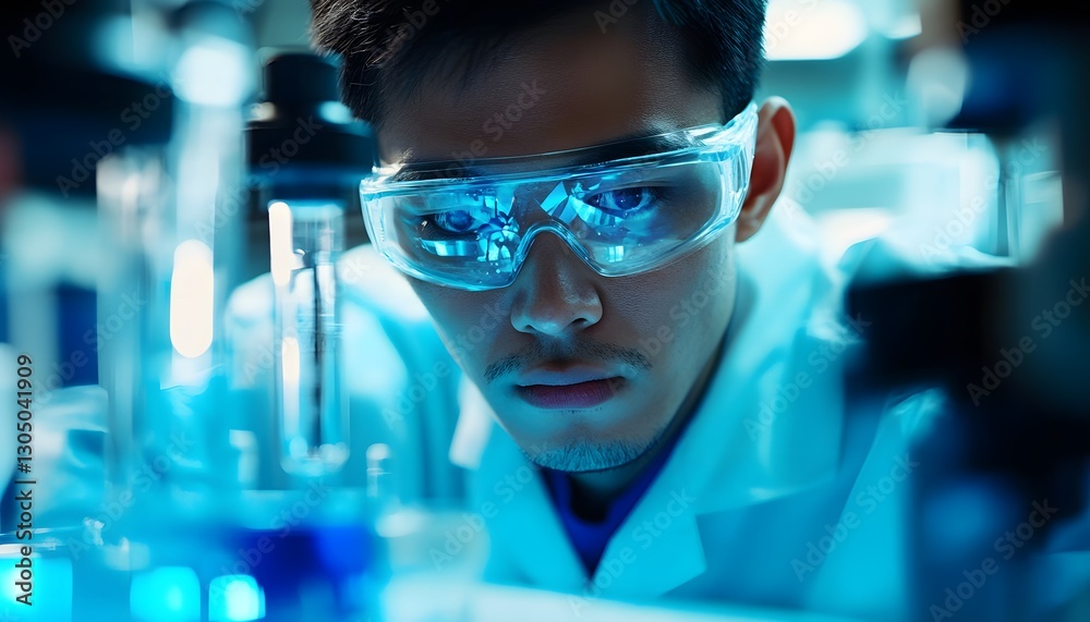 Poster Focused Scientist Conducting Experiment with Test Tubes in Laboratory