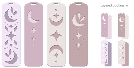 Set of bookmarks with crescent moon, star and leaves, Celestial tags, Layered paper cut svg design