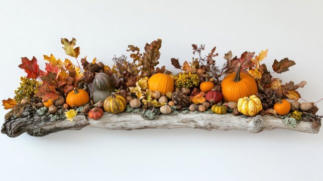 Autumn display on driftwood, white wall background