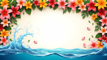 Obraz premium Joyful Water Splashes and Vibrant Thai Flower Garlands Frame: Perfect Photo Stock Concept for Songkran Celebrations with Ample Copy Space on the Left for Festive Messages