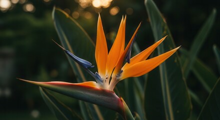 Bird of Paradise Flower Close-up with Lush Green Leaves Behind