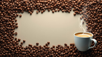 Naklejka premium Inviting Coffee Beans and Steaming Mug Design with Ample Copy Space for International Coffee Day Celebration - Perfect Photo Stock Concept with Empty Left Side for Your Messages