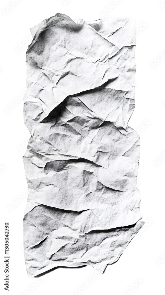 Poster vertical crumpled white paper on transparent background forming an abstract wrinkled texture, ideal 