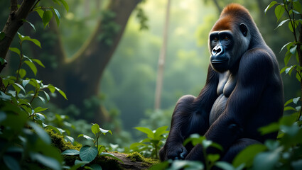 Obraz premium Gorilla and Jungle Foliage Border Frame for World Wildlife Day Conservation Efforts