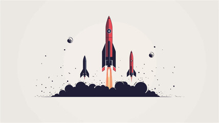 A minimalist vector illustration depicting three stylized rockets launching into space. The rockets are red and white, with simple geometric shapes.  The largest rocket is centrally