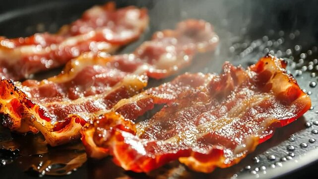 Sizzling Bacon: Crispy strips of bacon cooking in a pan, the rich aroma fills the air. capture the tempting textures, the mouth-watering appeal of this breakfast favorite