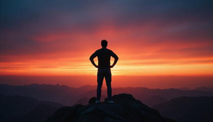 Fototapeta premium Victorious silhouette atop rocky peak at sunset, symbolizing success