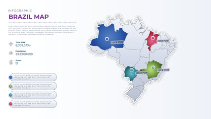 Naklejka premium Total Area, Papulation, States & More Detailed Infographic Map of Brazil. Brazil country map infographic colored vector template with regions and pointer marks.