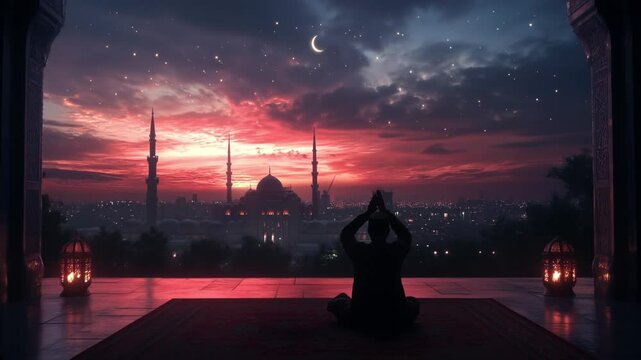 Muslim man making dua at night. Ramadan, cinematic 4k