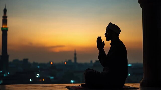 Muslim man making dua at night. Ramadan, cinematic 4k