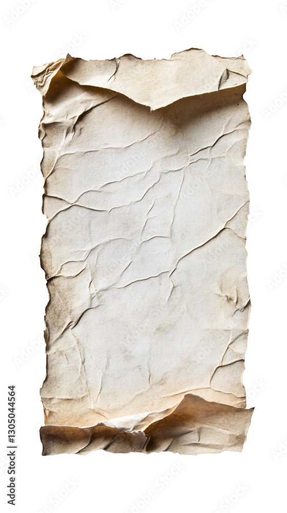 Poster crumpled blank paper sheet with torn and burned edges, isolated on transparent background, provides 