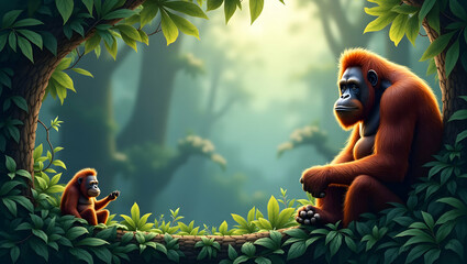 Orangutan and rainforest border frame with copy space for World Wildlife Day habitat preservation concept as Orangutan and rainforest elements creating a border with copy space for habitat preservatio