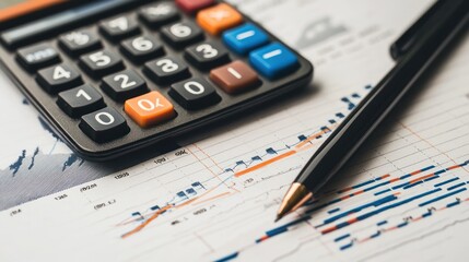 Financial Data Analysis with Calculator and Graphs on Table Surface