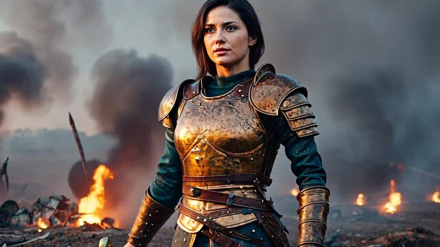 A female warrior in battle armor stands amidst a battlefield with smoke, fire, and fallen weapons, exuding strength and determination in the midst of chaos.
