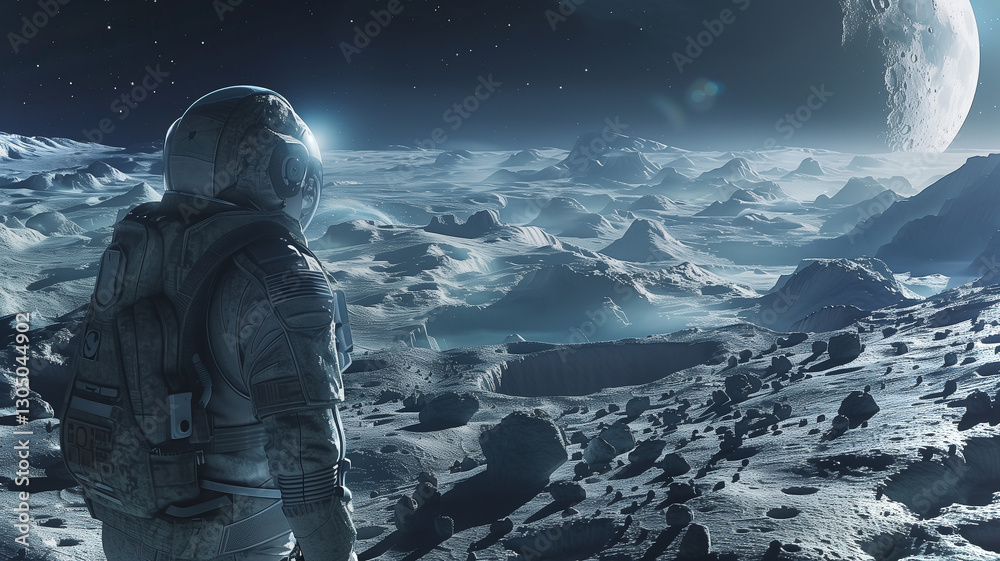 Poster this astronaut on the moon gazes at earth and a bright, large moon while exploring.