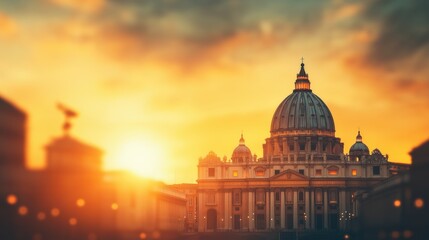 As the sun sets behind St. Peter's Basilica, warm golden hues illuminate the iconic dome and the surrounding architecture. Visitors capture the moment, appreciating the tranquility of the Vatican
