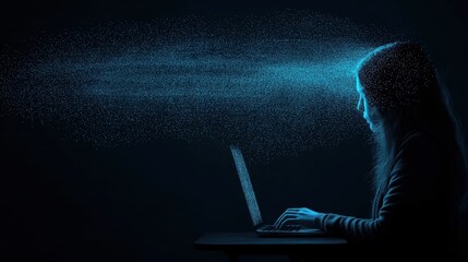 A woman is focused on her laptop, as digital particles swirl around her, creating an atmosphere of tension and chaos. The environment is dimly lit, enhancing the urgency of the moment