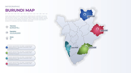 Total Area, Papulation, States & More Detailed Infographic Map of Burundi. Burundi country map infographic colored vector template with regions and pointer marks.