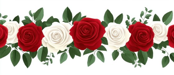 Elegant Floral Border of Red and White Roses with Lush Green Leaves for Romantic Designs and Festive Celebrations