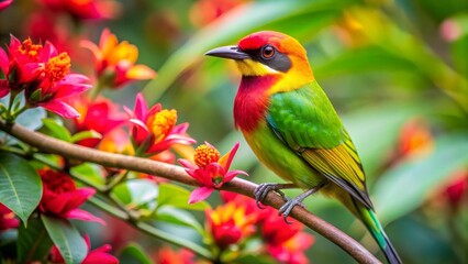 Fototapeta premium Vibrant plumage bird perched on a blossoming branch amidst a profusion of colorful flowers