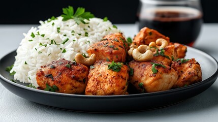 Enjoy a flavorful dish featuring sautéed chicken pieces perfectly seasoned and served with fragrant rice and crispy cashew nuts, garnished with fresh parsley