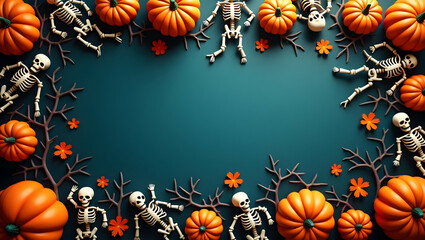 Obraz premium Skeletons and pumpkins border frame with spooky copy space for Halloween concept as Detailed skeletons and carved pumpkins framing spooky space for Halloween greetings in Photo Stock Concept and em