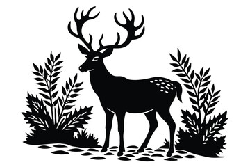 Set of silhouettes of trees and wild Deer animal