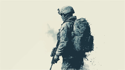 The image is a stylized illustration or painting of a soldier viewed from behind.  The soldier is wearing a helmet and a bulky backpack. A rifle is visible at their side. The color palette