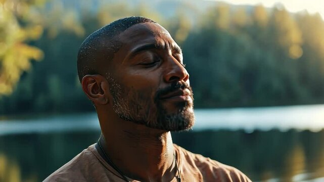 Serene Meditator by Lakeside: A man finds inner peace through meditation. Amidst the quiet lakeside, he experiences a sense of balance, embodying mindfulness and spiritual connection.