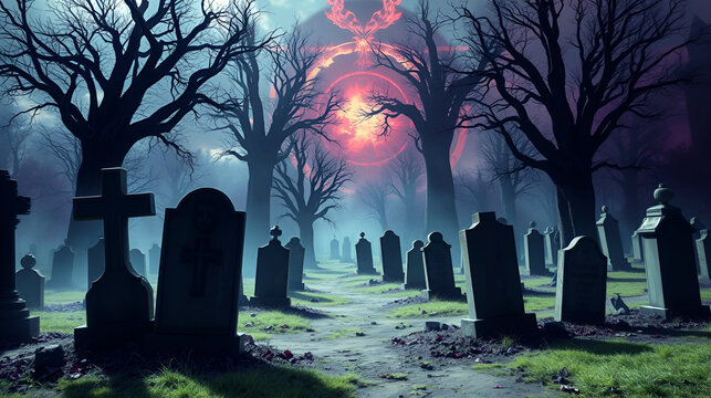 Fantastically mysterious cemetery with tombstones and terribly scary atmosphere, abstract vivid composition consists of fictional unreal fantastic vision on background