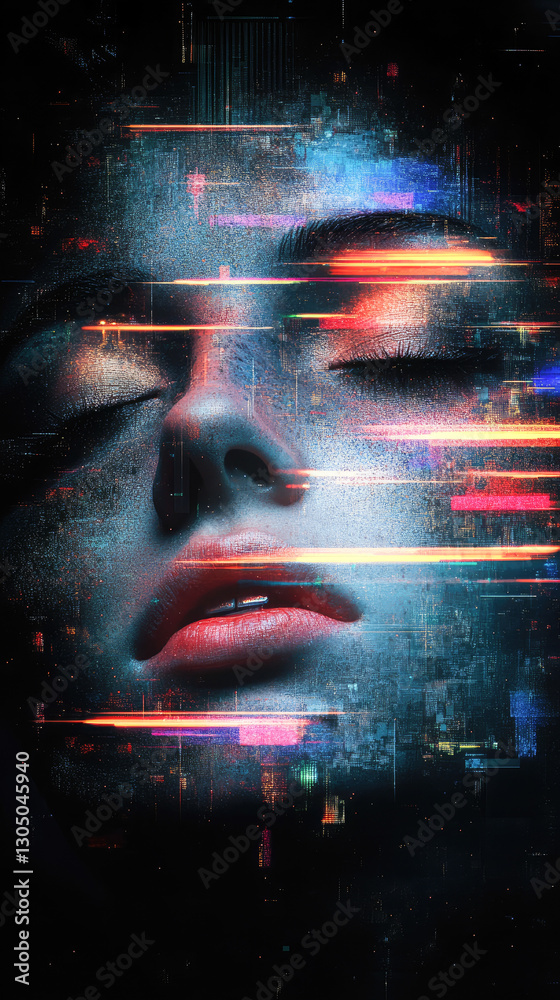 Poster this stunning digital art portrait features an array of abstract light patterns, combining vivid col