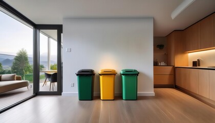 This modern kitchen has colorful bins for effective waste sorting and recycling.