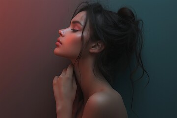 A profile of a woman gracefully tilting her head, bathed in soft, faded hues, capturing layers of emotion and depth